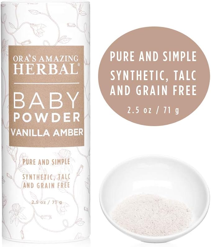 Baby Powder Talc-Free, Real Vanilla Amber Natural Scent, Cornstarch Free Arrowroot and Clay Based Powder, Synthetic Fragrance Free, Ora's Amazing Herbal, 2.5 oz