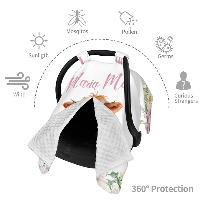 Personalized Baby Girl Car Seat Canopy for Babies, Custom Name Baby Car Seats Cover for Girls, High Land Cow Floral Opening Minky Nursing Breastfeeding Covers for Infant, Carseat Canopies for Newborn