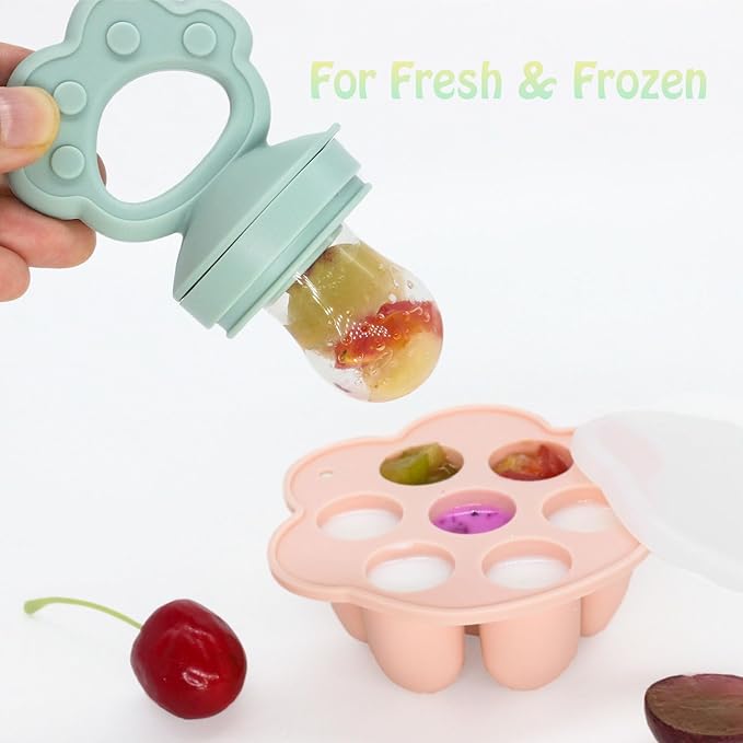 Ginbear Silicone Baby Fruit Food Feeder & Freezer Tray (Set of 2), Infant Teething Feeder Pacifiers with Baby Popsicle Molds Combo 4 Months+ (Hazy Green/Almond)