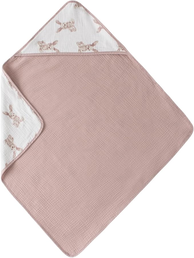 Little Jump Muslin Hooded Baby Bath Towels - 2 Pack 100% Cotton Towel for Babies, Infants, Toddlers - 32x32Inch - Highly Absorbent and Newborn Essential (Bunny)