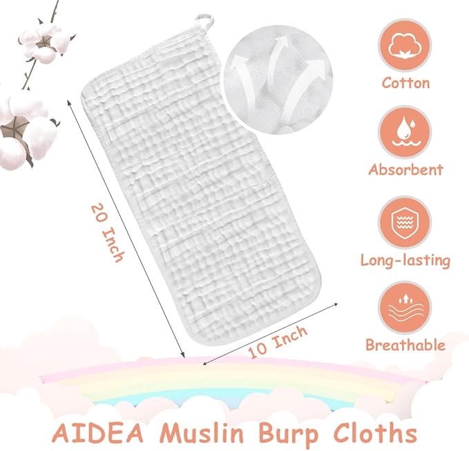 AIDEA Burp Cloths and Washcloths for Baby, Absorbent Cotton Muslin Baby Towels, Large Soft Breathable Newborn Essentials for Boys and Girls, Newborn Essentials, White, 10 Pack, 20"x10"