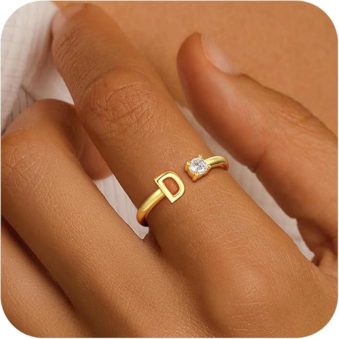 Valentines Day Gifts for Kids Teen Girls, 14K Gold Plated Adjustable Initial Rings for Women Teen Girl Trendy Stuff Birthday Valentines Day Gifts for Women Wife Mom Jewelry