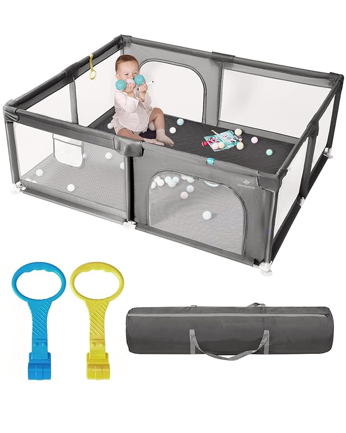 Baby Playpen with Mat, 71" x 59" Extra Large Play Yard for Babies and Toddlers, Baby Fence with Soft Thick Play Mat, Indoor Safety Activity Center for Infants, Easy to Assemble and Clean（Gray）