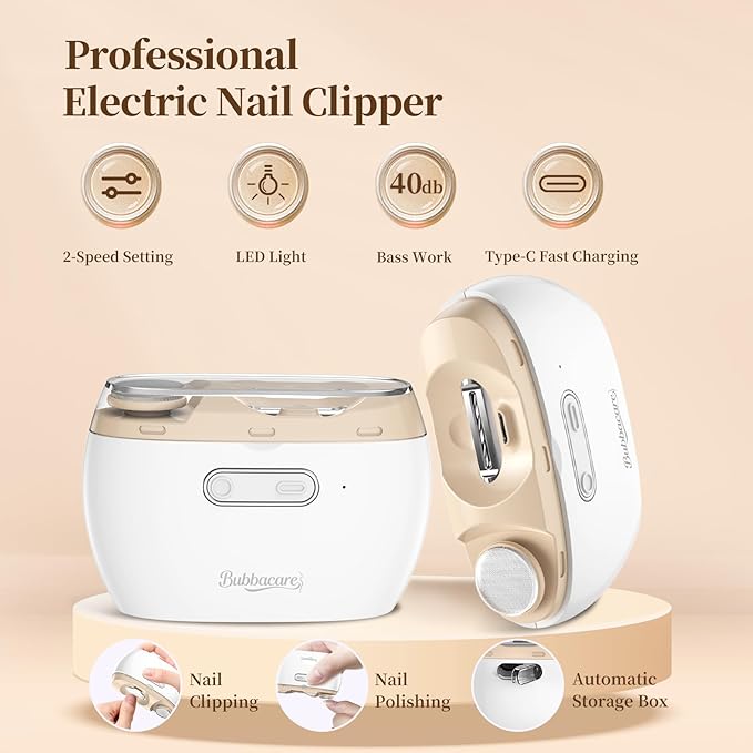 Electric 2-in-1 Nail Clipper & Polisher, 2-Speed Safe Fingernail Trimmer for All Ages, Rechargeable Automatic Nail Clipper with Light, Manicure Set for Baby Kids Seniors & Weak Hands