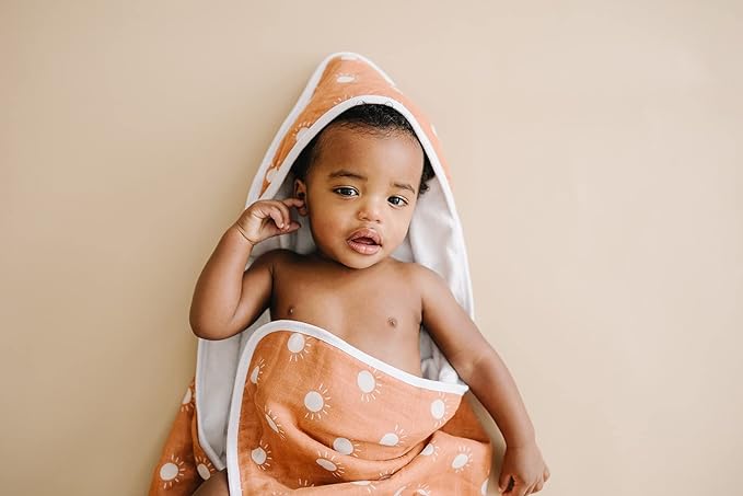 Mebie Baby Muslin Hooded Towel, Sunshine, Cute Hooded Baby Bath Towel for Newborn, Infant & Toddler, Modern Baby Towels and Washcloths for Boy & Girl, Floral & Pattern Hooded Baby Towels