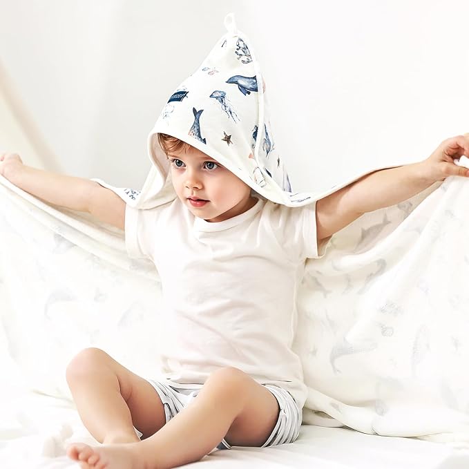 GRSSDER Baby Hooded Towel 2 Pack for Newborn, Super Soft Bath Towels with Original Designs, Ultra Absorbent Knit Terry, Large Toddler Towels with Hood for Boys Girls, Shower Gifts for Infant,34"x 34"