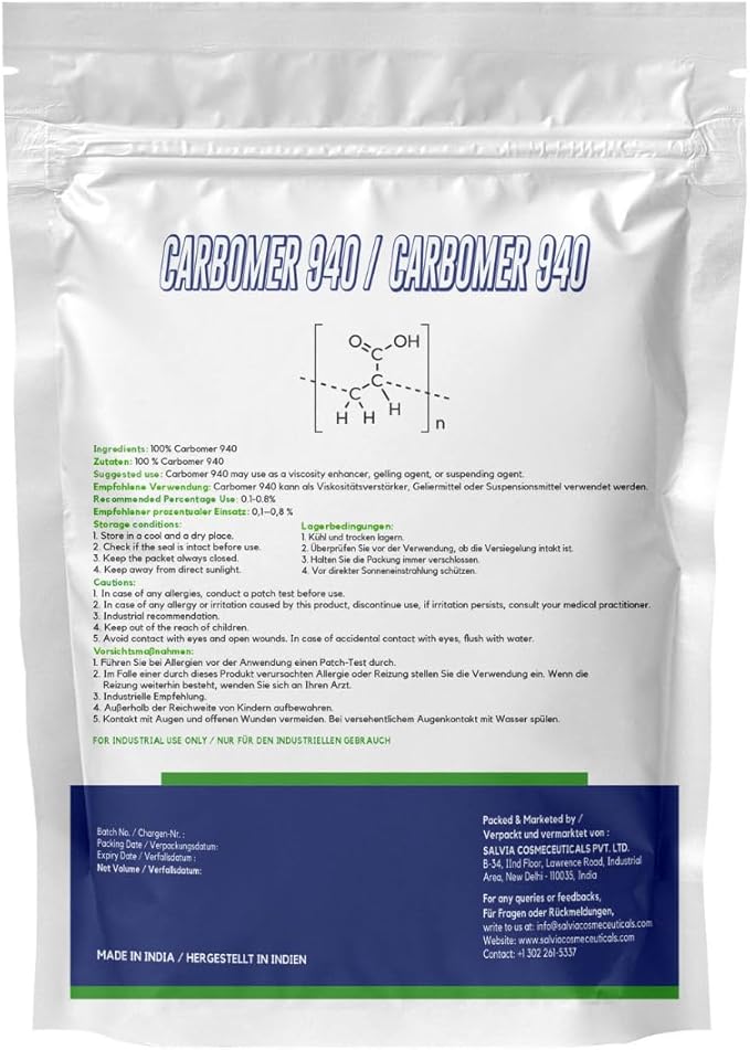 Carbomer 940 Powder (60 g / 2.1 oz) - Cosmetic Grade Thickening & Gelling Agent for DIY Serums Gels Creams & Lotions