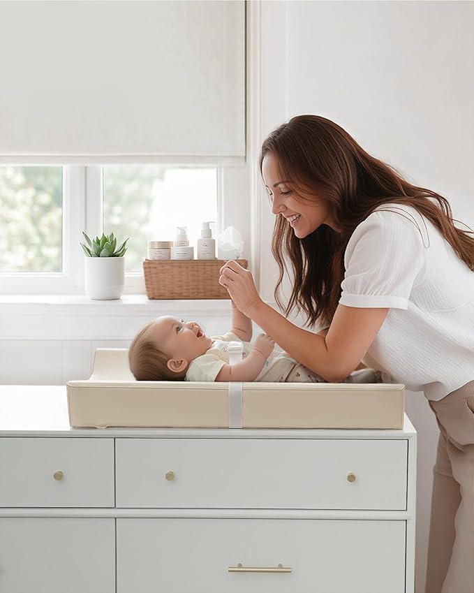 Blissful Diary Vegan Leather Baby Changing Pad with Waterproof & Wipe-Clean PU Cover, Standard Size Cozy Diaper Changing Pad for Dresser and Table, Beige