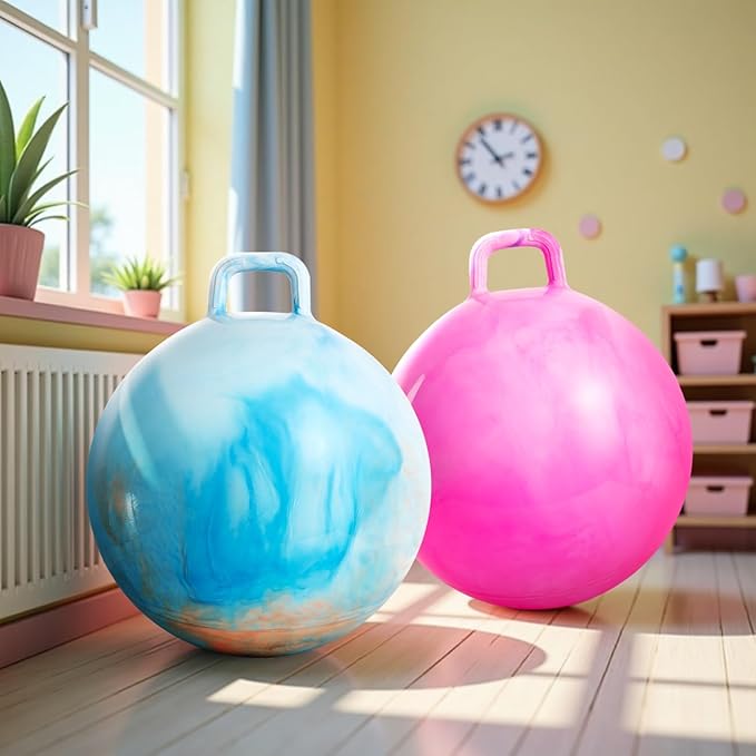 Upper Rider 2 Pcs 18 Inch Hopper Ball for Kids 3-8, Bouncy Balls with Handle for Toddlers, Inflatable Hippity Hop Jumping Balls, Sit On Hopping Toys with Pump for Girls Boys, Blue Pink