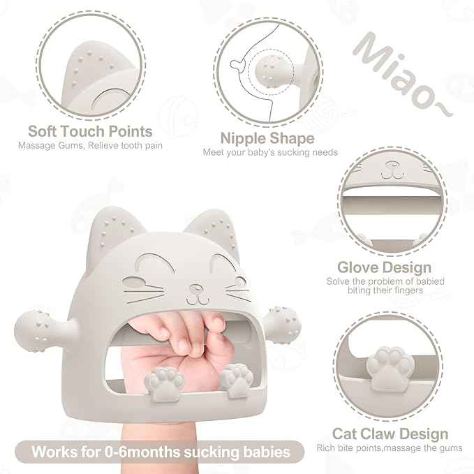2 Pack Baby Teether Toys,Silicone Teething Toys for Babies 0-6 Months,Never Drop Baby Chew Toys for Teething Relief, Teething Pacifiers,Baby Toys 0-6 Months,Ideal Gifts for Baby Shower（Cartoon Cat）