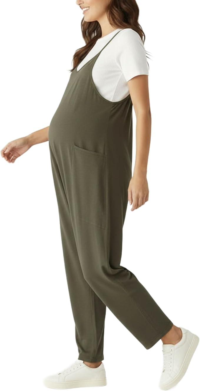 Motherhood Maternity womens Casual Baggy Sleeveless V-neck Pregnancy Romper Jumpsuit With Loose Spaghetti Straps and Pockets