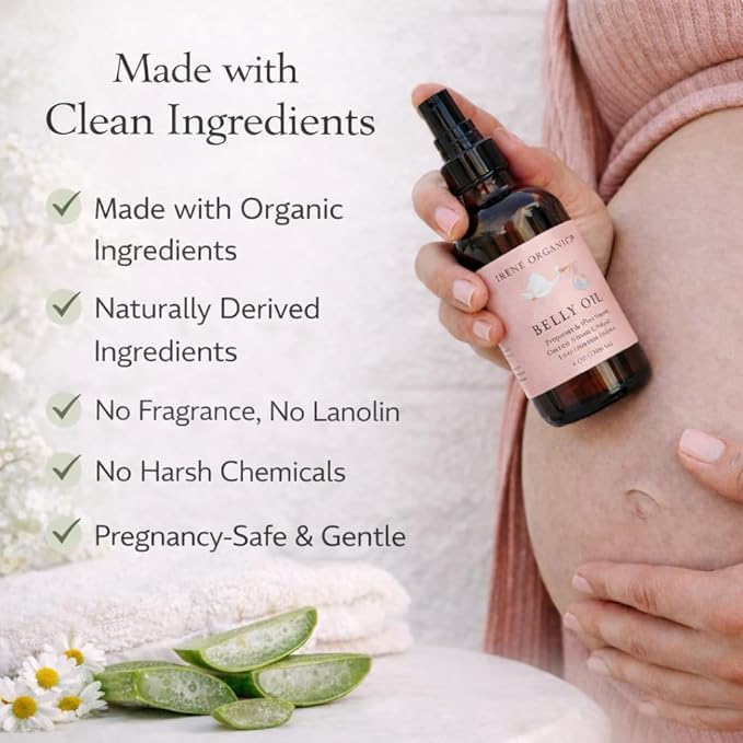 Irene Organics Organic Belly Oil for Pregnancy & Postpartum – Lightweight, Non-Greasy Stretch Mark Support Oil – Hydrating Vitamin E Bump Serum, Unscented & Pregnancy Safe