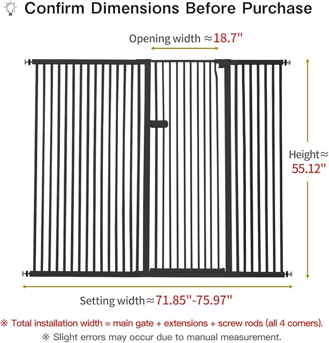Lumizone Extra Tall Cat Gate 55.12" High Pressure Mounted Extra Wide 2025 New (17 Sizes) 1.37" Gap No Drilling Auto-Close One-Handed Operation Tall Pet Gate for Dogs(Black, 55.12" H x 71.85"-75.97" W)