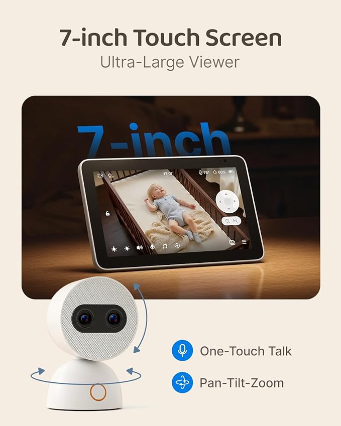 Simsky Split Screen Video Baby Monitor with 2 Cameras, Dual 4MP Cameras with 6X Zoom, 7" UHD Touch Screen Portable Audio Baby Monitor, App Remote Access 32GB Local Storage