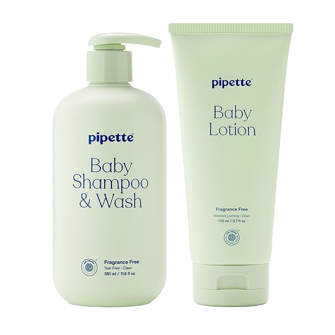 Pipette Fragrance Free Wash and Lotion Duo, Pack of 2, Fragrance Free Baby Shampoo and Body Wash, Unscented Lotion for Newborns, Sensitive Skin, and Kids, Tear-Free Bath Time, Hypoallergenic