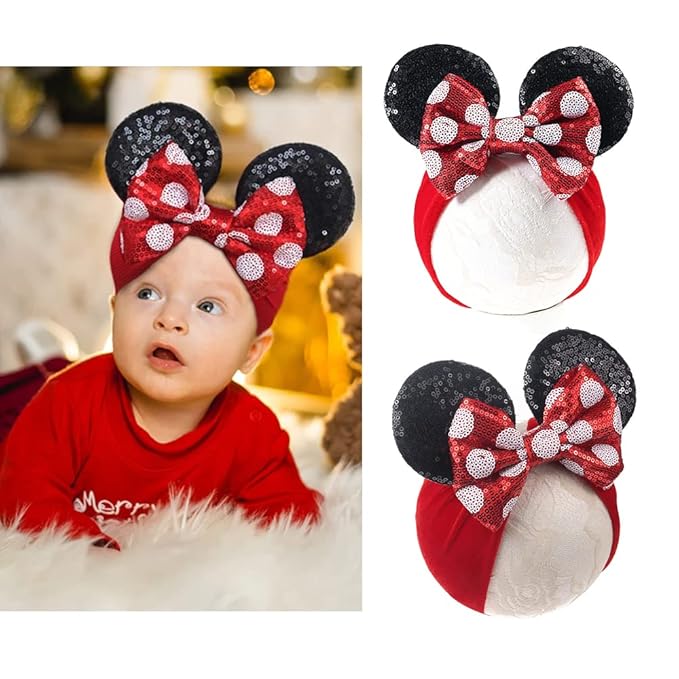 JIAHANG Baby Girl Mouse Ears Headwrap with Sequin Polka Dot Bow, Velvet Turban Hairband, Hair Bow Headband for Toddler, Kids, Party Supplies