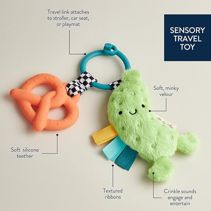 Itzy Ritzy Infant Toy & Teether - Itzy Pal Baby Teething Toy Includes Lovey, Crinkle Sound, Textured Ribbons & Silicone Teether for Newborn (Pickle)