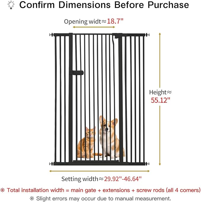 Lumizone Extra Tall Cat Gate 55.12" High Pressure Mounted Extra Wide 2025 New (17 Sizes) 1.37" Gap No Drilling Auto-Close One-Handed Operation Tall Pet Gate for Dogs(Black, 55.12" H x 29.92"-46.64" W)