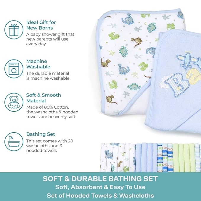 Spasilk Bath Hooded Towels & Washcloths Set for Babies, 23-Piece Gift Set, Blue