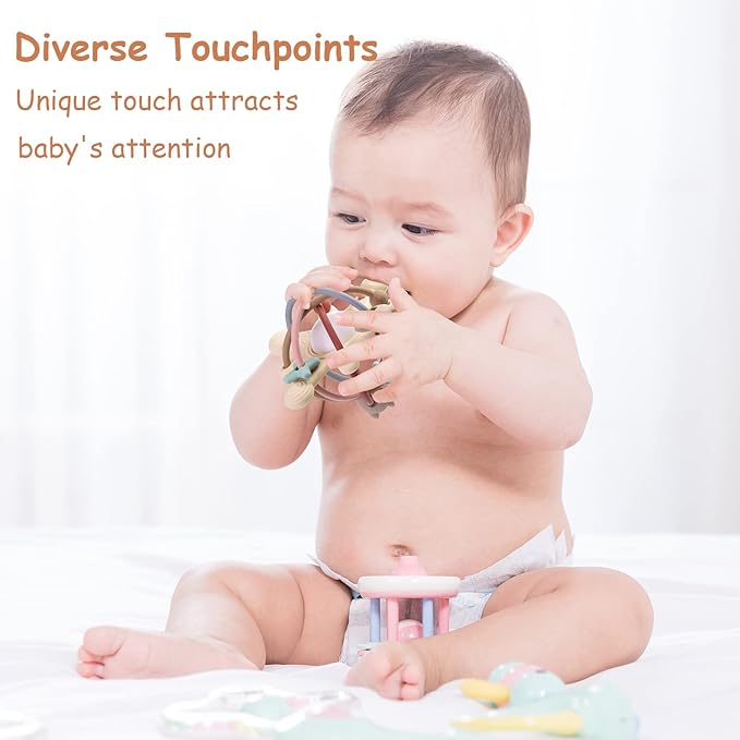 Baby Teething Toy for Babies 3-12 Months, Silicone Baby Teether Toys with Rattle, Rattle Sensory Teether Toy, Baby Chew Toys for Teething Relief, BPA Free, Milk White