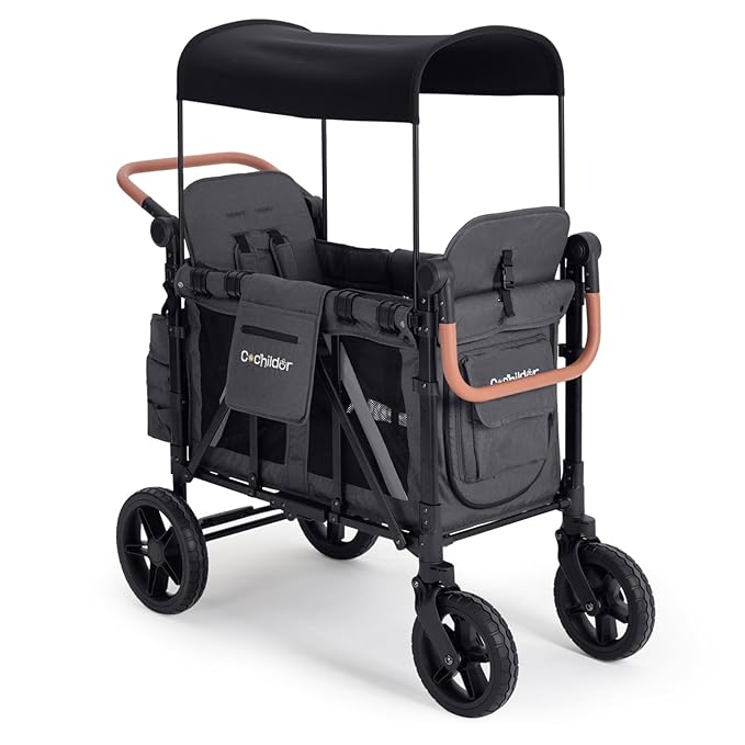 Premium 2 Seater Wagon Stroller for Kids, Foldable All-Terrain Stroller Wagon with Removable Seats, Adjustable 5-Point Safety Harness, Canopy, and Dual Handles, Dark Gray