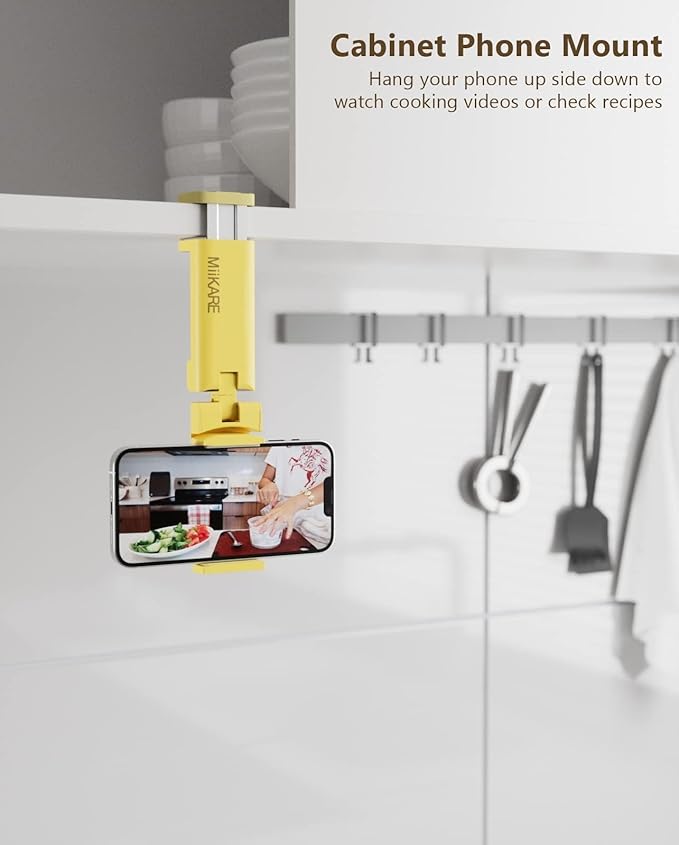 MiiKARE Airplane Travel Essentials Phone Holder, Universal Handsfree Phone Mount for Flying with 360 Degree Rotation, Accessory for Airplane, Travel Must Haves Phone Stand for Desk, Tray Table, Yellow