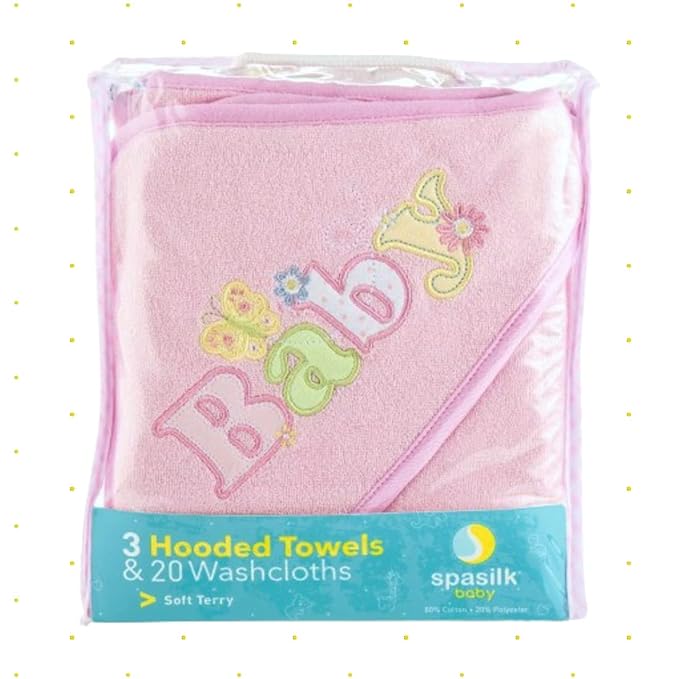 Spasilk Bath Hooded Towels & Washcloths Set for Babies, 23-Piece Gift Set, Pink