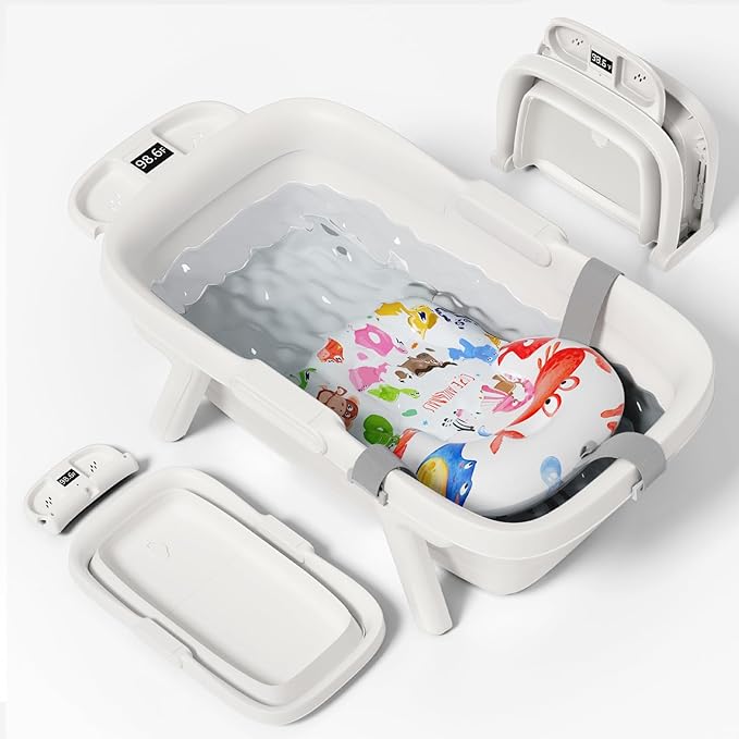 Collapsible Baby Bathtub, Large Infant Bath Tub with Thermometer & Cute Soft Cushion for Newborn to 36+ Month Toddlers, Storage and Non-Slip Feet Design, Baby Bath Gift (White)