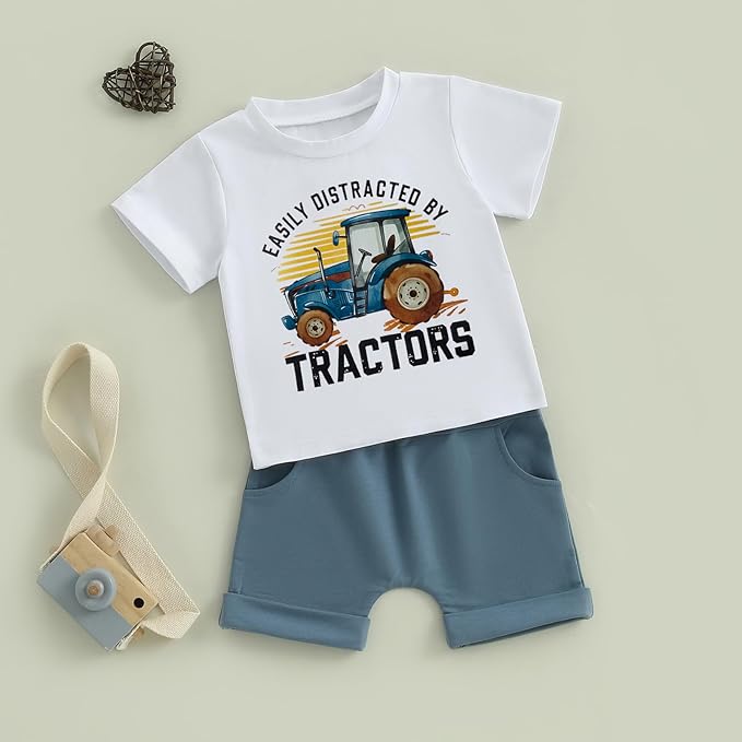 Toddler Baby Boy Clothes Summer Short Sleeve Trucks Tractors Print T-Shirt Tops Solid Color Shorts Set Casual Outfit