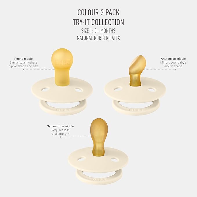 BIBS Pacifiers 0-6 Months | 3-Pack Soothers | BPA-Free Symmetrical Nipple | Made in Denmark | Ivory Try-It Collection (Ivory)