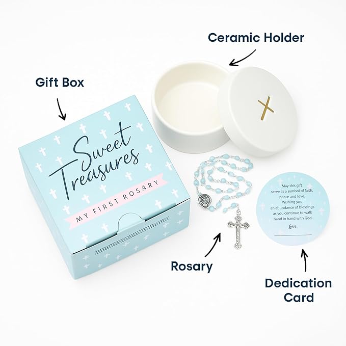 Baptism Gifts for Boys – Blue Rosary with Ceramic Keepsake Box and Card, Catholic Communion Gift, Christening and Baby Shower Rosary Beads, Sweet Treasures Gifts, Blue