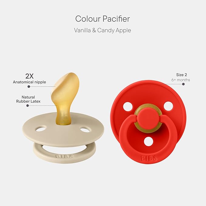 BIBS Colour Anatomical Soother 2-Pack, BPA Free Dummy Pacifier, Orthodontic Nipple. Natural Rubber Latex, Made in Denmark, Size 2 (6-18 Months), Vanilla/Candy Apple