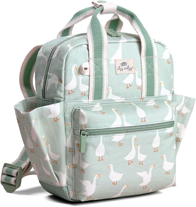 Itzy Ritzy Toddler Backpack - Daycare Bag - Features Adjustable Shoulder Straps, 2 Side Pockets & Spacious Interior with Wipeable Fabric Lining & Name Label, Goose