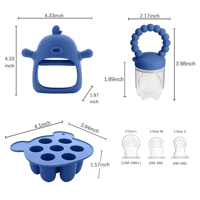 Baby Fruit Feeder & Breastmilk Popsicle Mold Set – 3 Pack Silicone Teething Relief Kit with Food Feeder Pacifier, Freezer Tray with Lid & Baby Teether (Steel Blue)