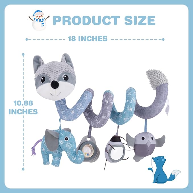 Jollybaby Crib Stroller Car Seat Toys for Baby 0-3-6-9-12 Months, Tummy Time Hanging Sensory Toys for Newborn with Music Box and Teether, Spiral Carseat Toy for Infant Boys Girls Gifts (12-Grey Fox)
