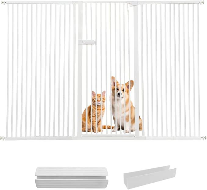 Lumizone Extra Tall Cat Gate 55.12" High Pressure Mounted Extra Wide 2025 New (17 Sizes) 1.37" Gap No Drilling Auto-Close One-Handed Operation Tall Pet Gate for Dogs(White, 55.12" H x 84.45"-88.57" W)