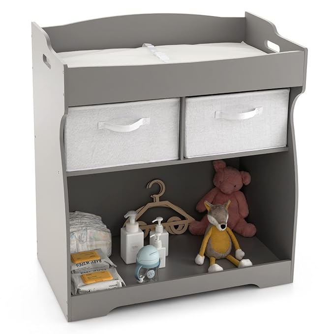 Costzon Baby Changing Table, 2 Drawer Infant Diaper Changing Station with Waterproof Changing Pad, Changing Table Dresser for Nursery (Gray)