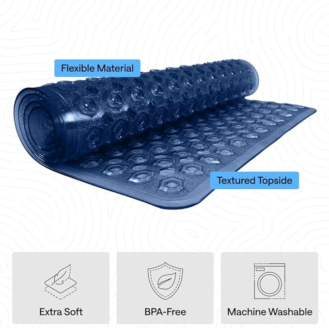 GORILLA GRIP Patented Bath Tub Shower Mat, Machine Washable Bathtub Floor Liner Mats, Suction Cups and Drain Holes to Keep Tubs Clean, Soft on Feet, Bathroom Essentials, 35x16 Inch, Clear Navy