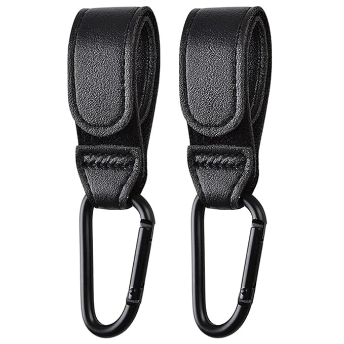 2PCS Stroller Hook Accessories, Multipurpose Stroller Bag Hook, Award Winning Leather Stroller Clip (Black)
