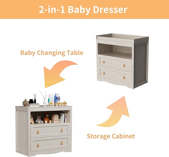 Baby Dresser Changing Table with 2 Drawers 35.4" Changing Table Dresser with Changing Table Top and 1 Open Shelf Diaper Changing Station with Storage for Nursery Children's Room Beige