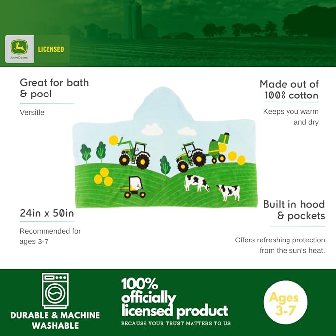 John Deere Tractor Farm Kids Super Soft Bath/Pool/Beach Soft Cotton Terry Hooded Towel Wrap, 24 in x 50 in, (Officially Licensed Product) by Franco