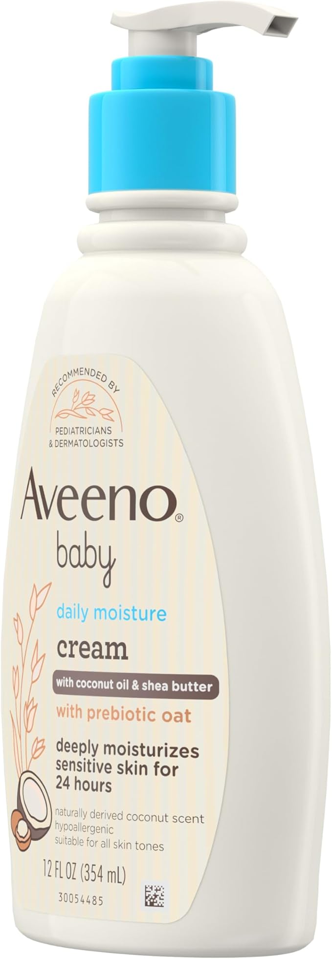 Aveeno Baby Daily Moisturizing Cream with Prebiotic Oat, Hypoallergenic Baby Lotion with Coconut Oil & Shea Butter Moisturizes Sensitive Skin for 24 Hours, Gentle Coconut Scent, 12 fl. oz