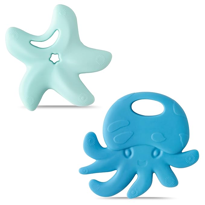 2Pcs Summer Silicone Teething Toy for Babies Ocean Animal Themed Sore Gums Pain Teething Relief Chew Toy Summer Ocean BPA Free Soft Teether for Infant Toddler Newborn 6-12 Months Birthday Baby Shower