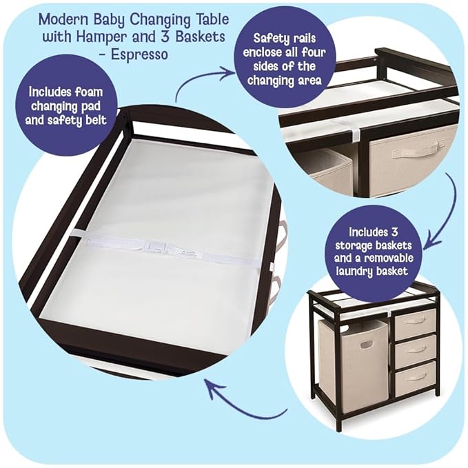 Badger Basket Modern Baby Changing Table for Nursery - Diaper Changing Station with Laundry Hamper, 3 Storage Drawers, Changing Pad, and Safety Belt - Espresso and Ecru