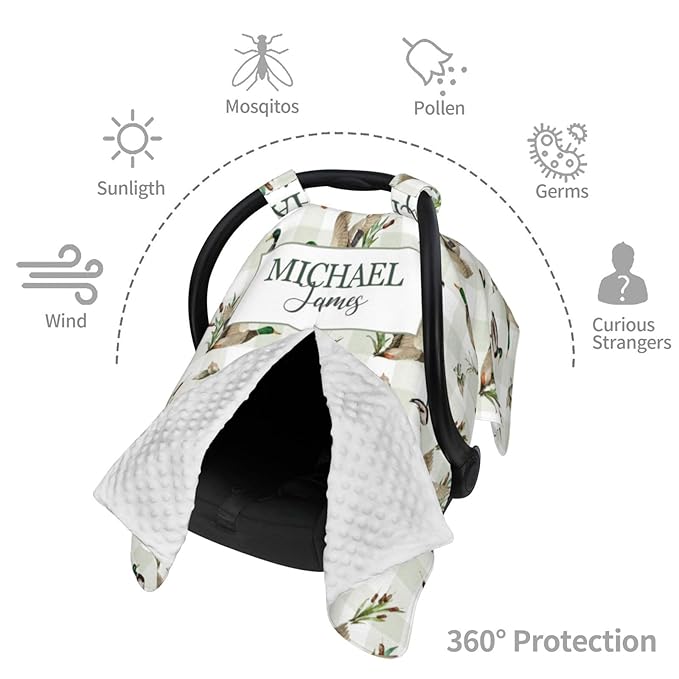 Personalized Baby Boy Car Seat Canopy for Babies, Custom Name Baby Car Seats Cover for Boys, Wild Ducks Opening Minky Nursing Breastfeeding Covers for Infant, Carseat Canopies for Newborn