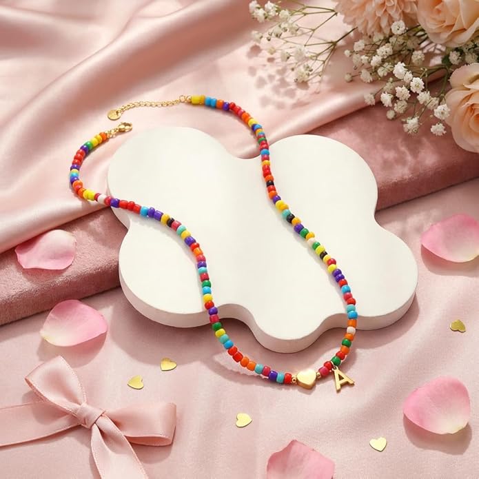 Valentines Day Gifts for Kids Women Girls - Colorful Beaded Initial Necklace Teen Girls Trendy Stuff Dainty Letter Choker Necklace Valentines Day Gifts for Her Mom Wife Jewelry