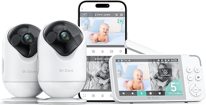 Dr.Care VistaView Smart WiFi Baby Monitor with 2 Cameras- 5” 1080P Split Screen & 2K Camera App Control, Cry & Motion Alerts, Night Vision, 2-Way Talk, Triple Security, 1279ft Range