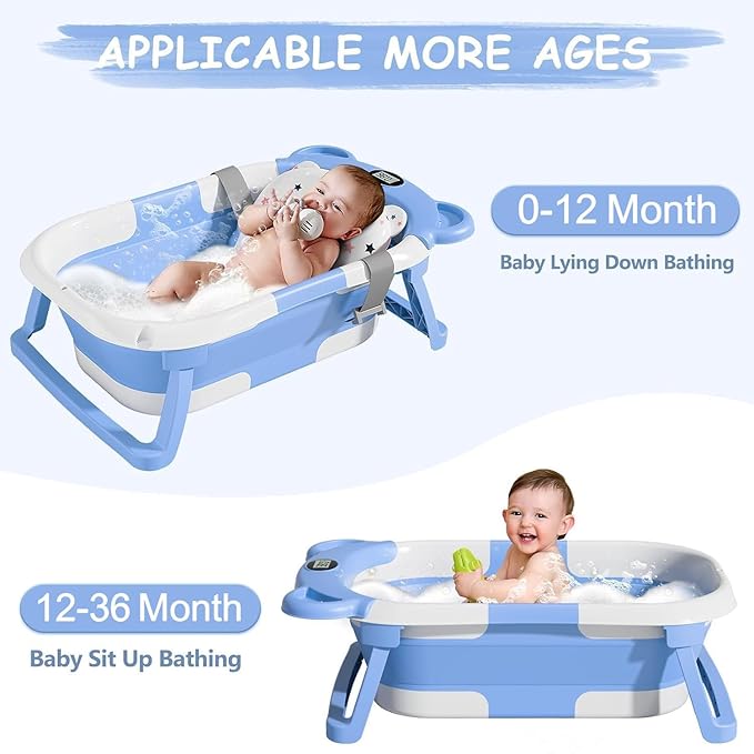 TPN Collapsible Baby Bathtub, Baby Bath Tub with Soft Cushion & Real-Time Thermometer, Baby Bathtub Infant to Toddler Tub (0-36 Months), Portable Newborn Travel Bath Tub