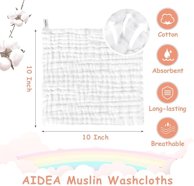 AIDEA Baby Washcloths and Burp Cloths, Absorbent Cotton Muslin Baby Towels, Large Soft Breathable Newborn Essentials for Boys and Girls, Newborn Essentials, White-10 Pack, 10"x10"