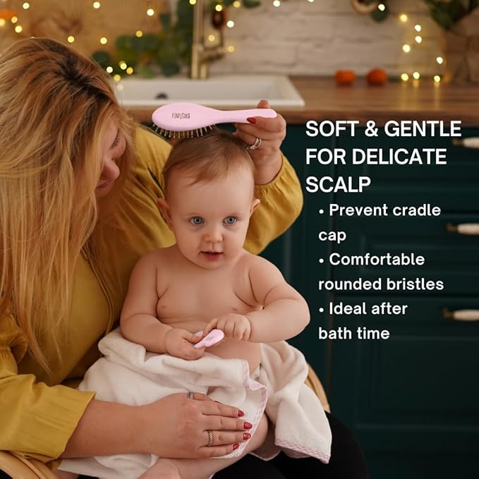 Baby Hair Brush Set for Newborns - Baby Brush and Comb Set - Ultra Soft Goat Hair Bristles, Perfect for Cradle Cap, Newborn Showers & Registries Gift, Comb Brush for Girls & Boys (Rosa)